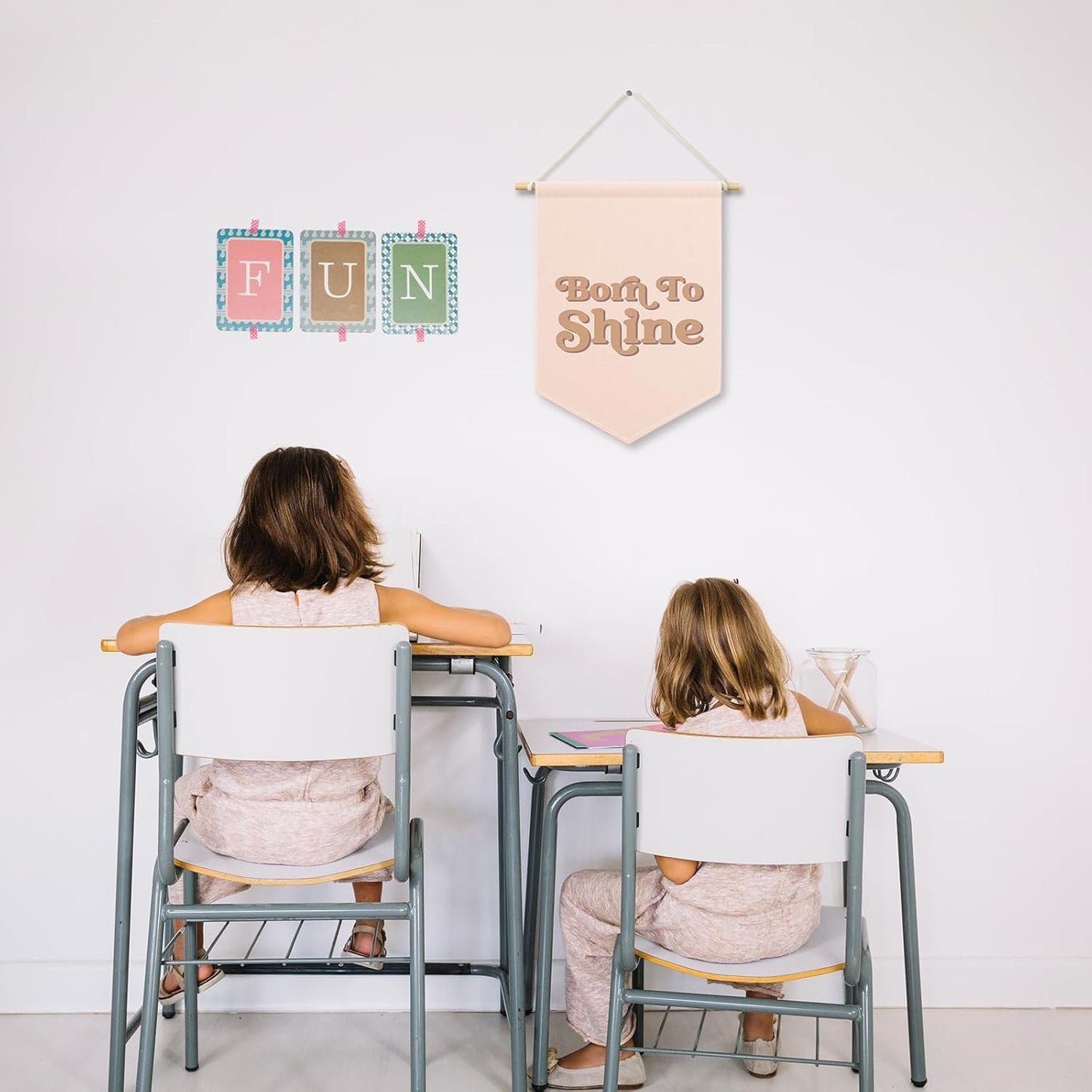 Pink Girls Banner Canvas, Inspirational Girly Kids Room Decor, Born to Shine Pennant Flag Sign Hanging, Nursery Boho Wall Art Gifts for Toddler Room Playroom Baby Shower Decor 11x15in