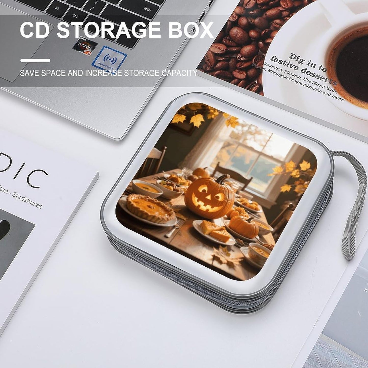 Fall Thanksgiving Pumpkin Leaf CD Case Portable Zipper CD Case 40 Capacity Hard Plastic DVD Cases Holder Large Storage Disc Wallet Bag for Car Home Travel DVD Collection Bag