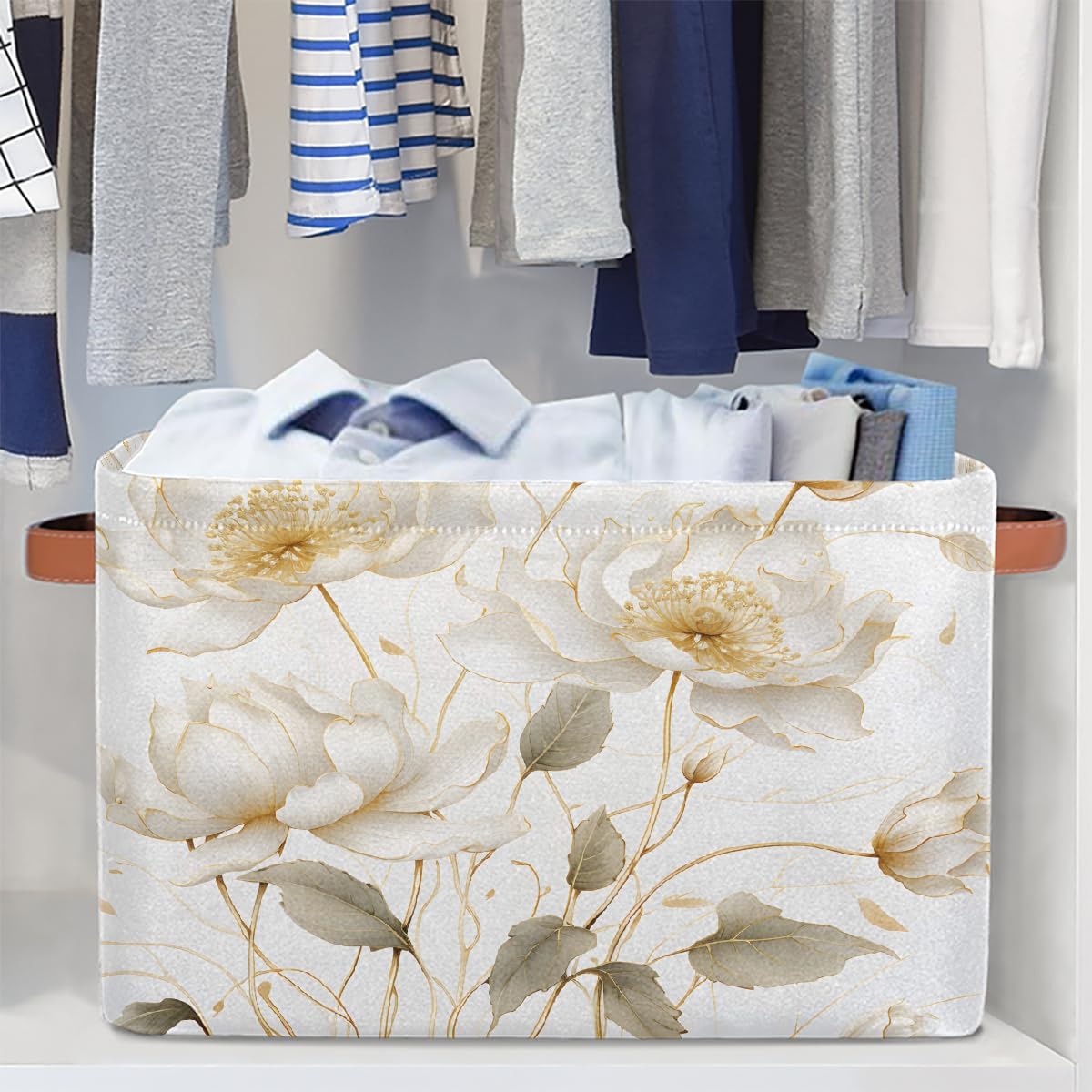 Rectangular Storage Basket White Flower Decorative Storage Bins Boxes Collapsible Cubes Organizer with PU Leather Handles for Home Organization