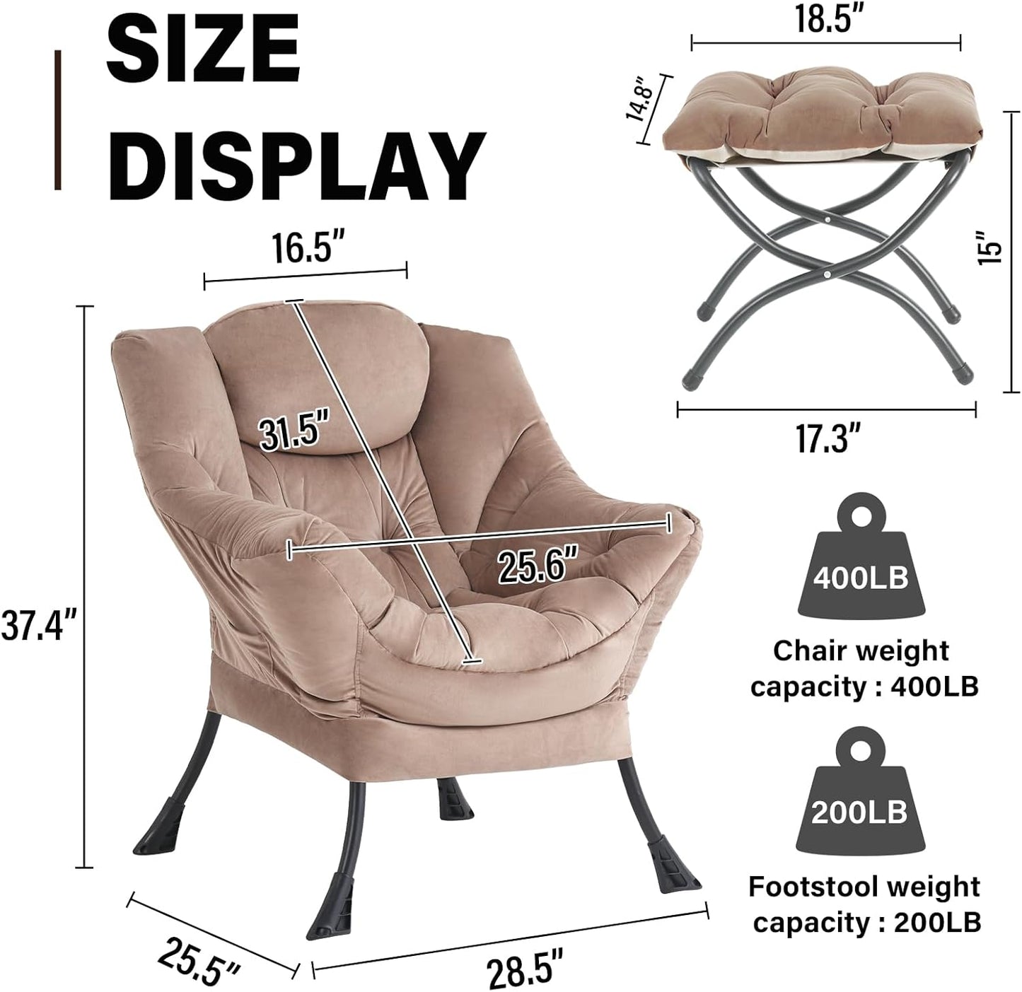Lazy Chair with Ottoman, Modern Accent Chair Contemporary Sofa Chair with Armrests, Reading Chair and Folding Footstool Set for Living Room, Bedroom, Office, Khaki