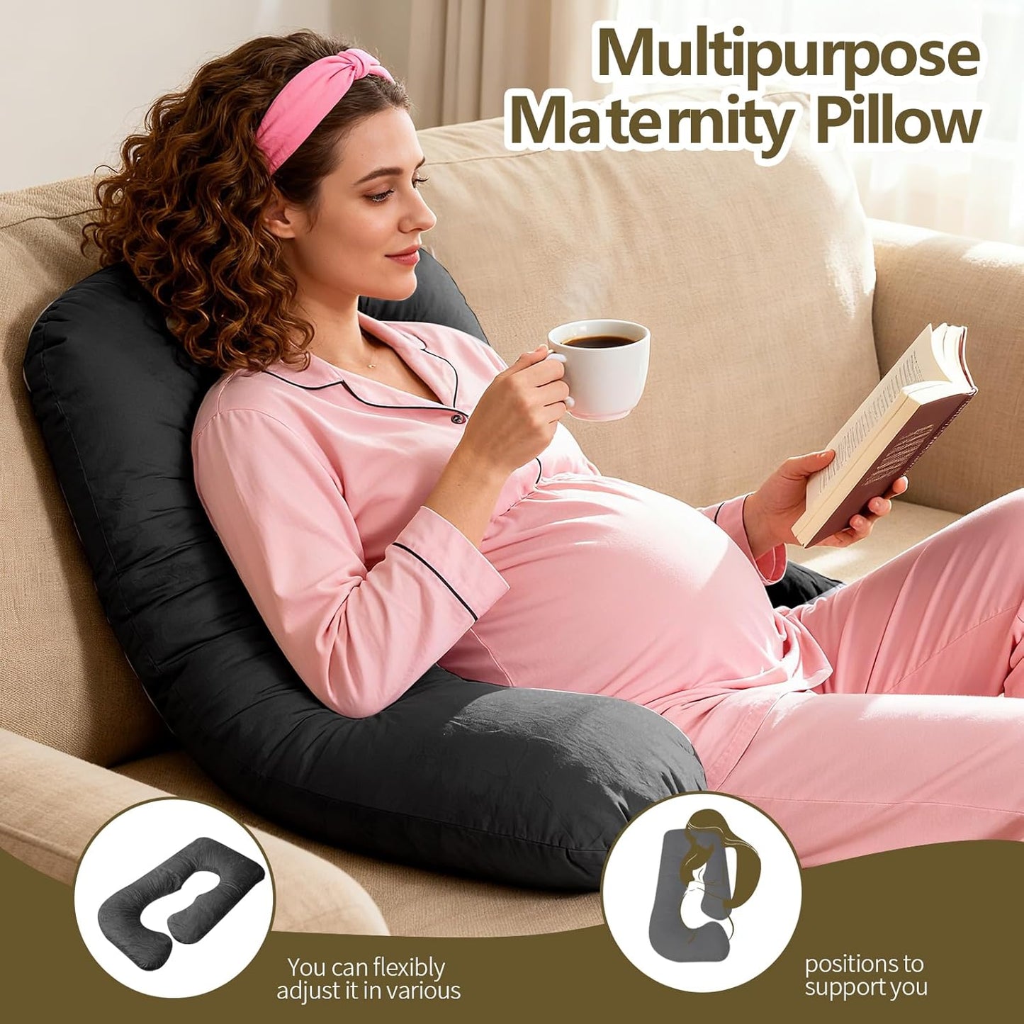 Pregnancy Pillow, G-Shape Full Body Pillow, Maternity Pillow for Side Sleeper, Pregnancy Body Pillow for Pregnant Women Suppor, Hip Relief with Washable Cover (Black)