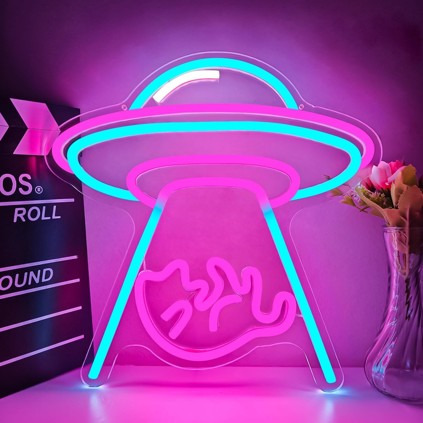 UFO Cat Neon Signs for Wall Decor Cat Neon Light USB Powered Dimmable Flying Saucer Light up Sign for Bedroom UFO Alien Night Lamp for Christmas Birthday Gifts