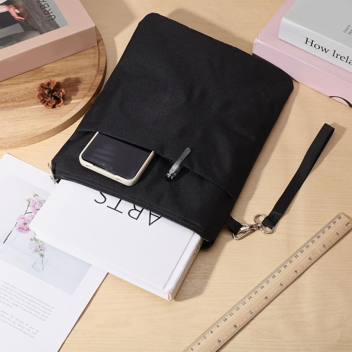GLOBLELAND Black Waterproof Book Cover Bag with Zipper Hnadle for Book Lovers 12"x9.5" Canvas Paperback Cover Travel Book Pouch Protector with Front Pocket for Paperbacks Hardcover Books Gifts