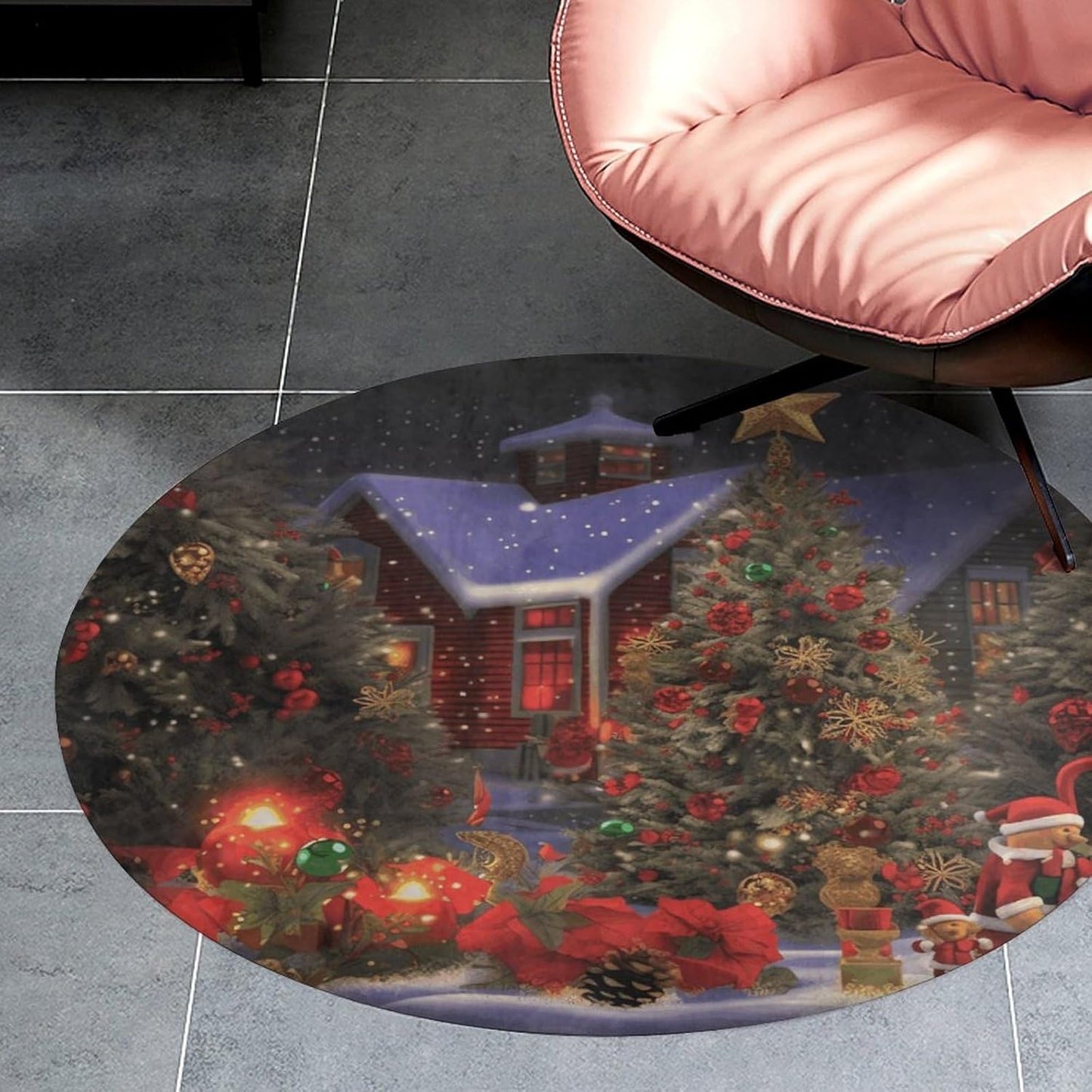 Christmas Cheer Circle Rug Retro Luxury Coral Velvet Floor Mat Non Slip Soft Indoor Floor Carpet Comfy Thickened Area Rugs Modern Aesthetic Minimalist Carpets for Home Decor