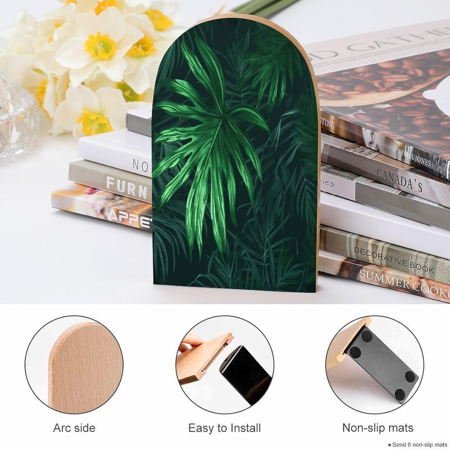 Green Tropical Jungle Plant Bookends 1 Pair Heavy Duty Book Ends for Shelves Non-Skid Bookend Supports Wooden Book Holders with Metal Base Desk Organizers Books Storage to Hold Books