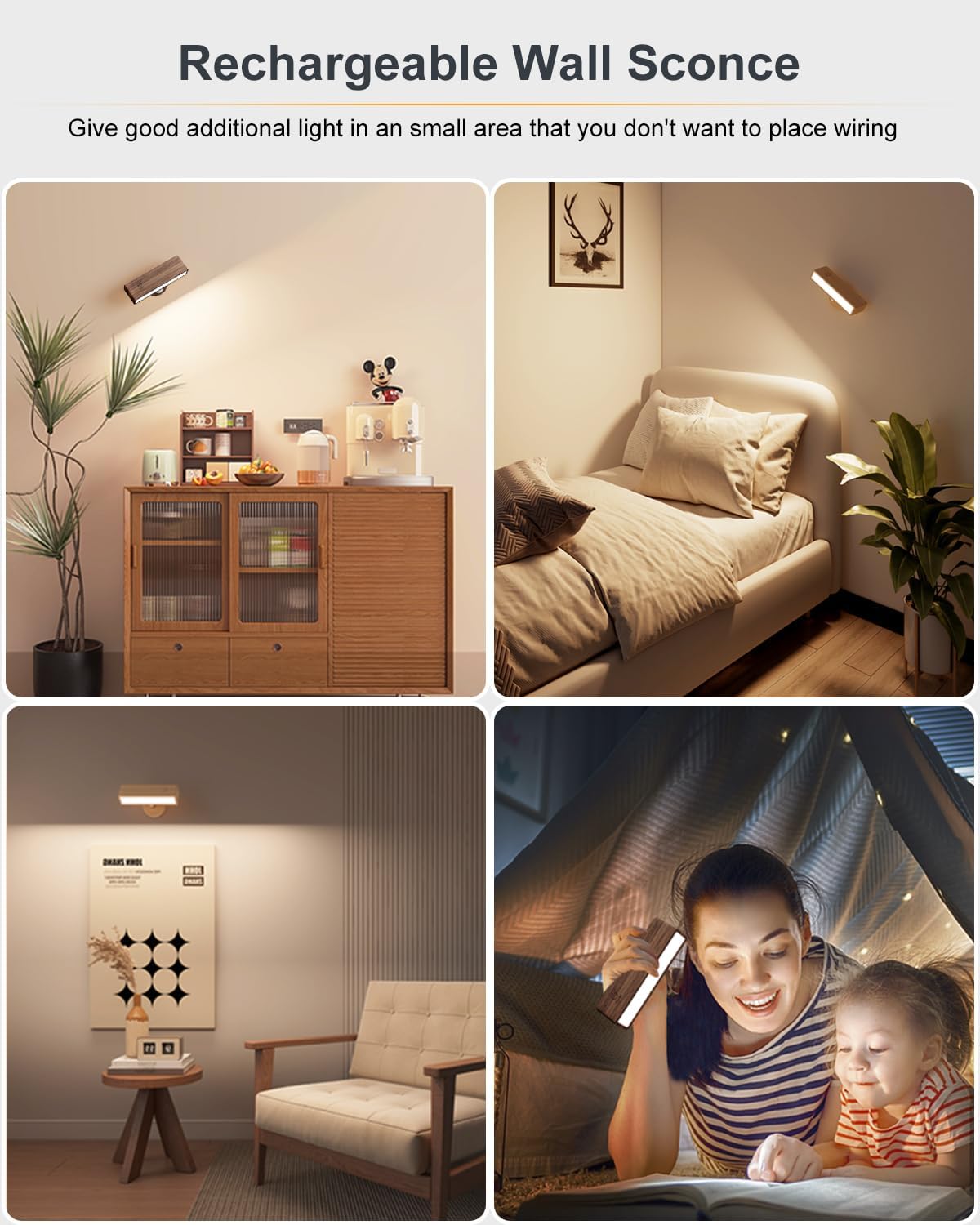 Wooden Wall Sconce Battery Operated with Remote,Rechargeable Wall Lights for Bedroom with 3 Color Temperature, Magnetic, Stick-On, Dimmable Wall Reading Lights (Walnutwood, 2 Pack)