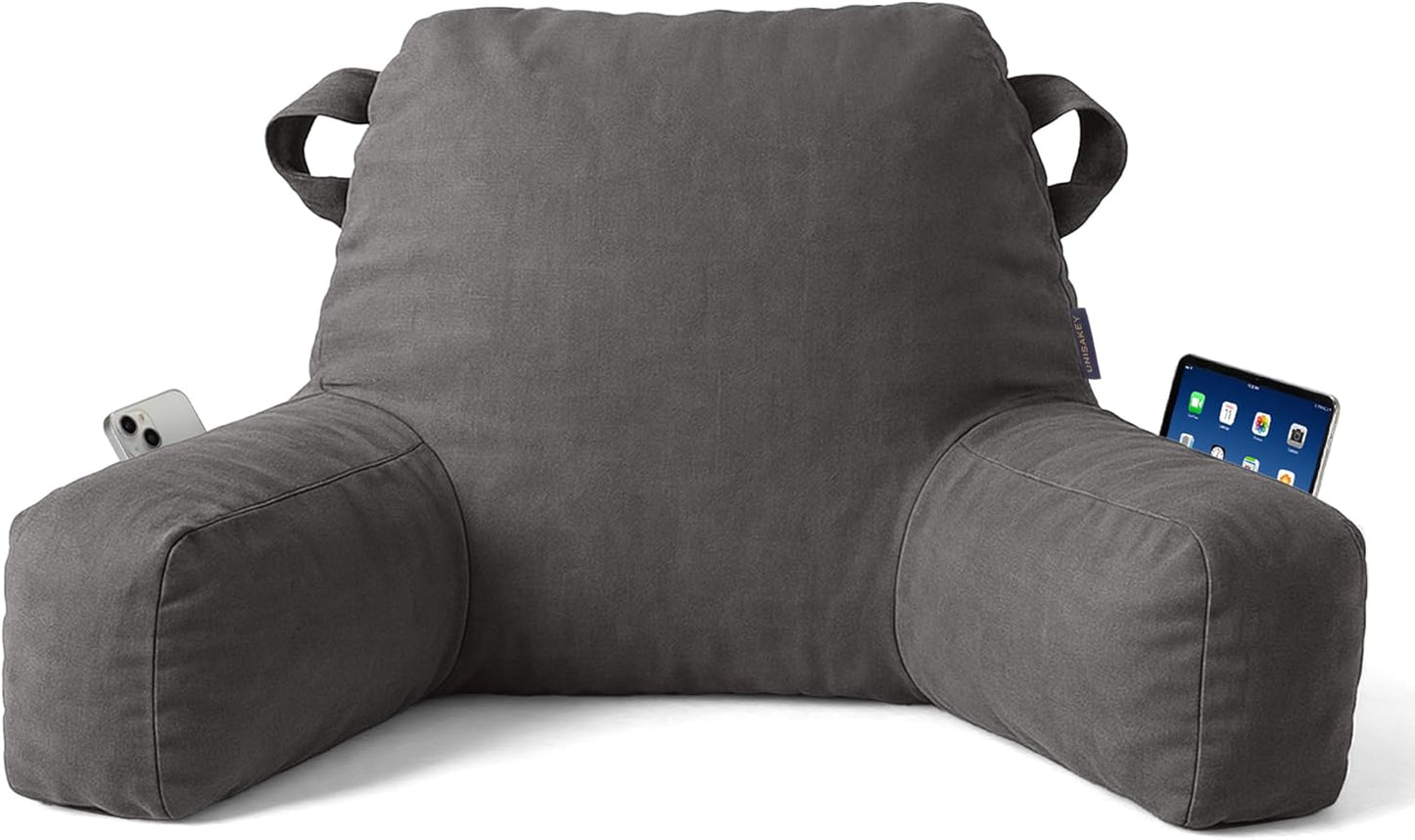 Portable Comfy Reading Pillows for Bed Sitting Up(Light Grey Oeko-Tex), Velvet Back Pillow with Arms & Pockets for Adults, Support Memory Foam Bed Pillow for Dorm/Reading/Watching/Gaming