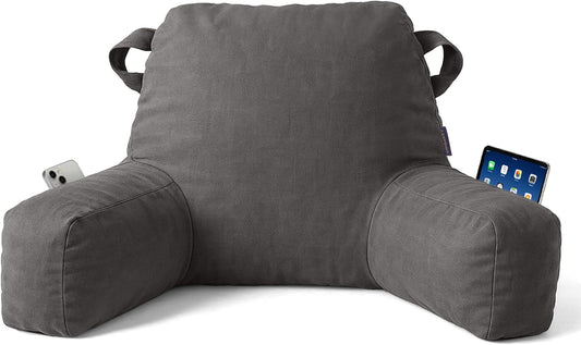 Portable Comfy Reading Pillows for Bed Sitting Up(Light Grey Oeko-Tex), Velvet Back Pillow with Arms & Pockets for Adults, Support Memory Foam Bed Pillow for Dorm/Reading/Watching/Gaming