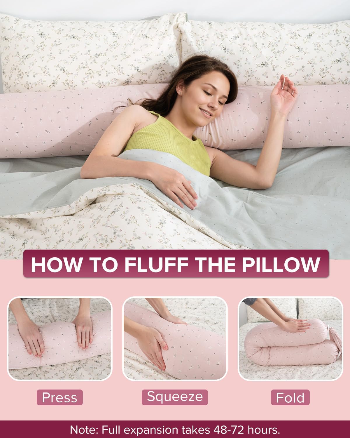 Full Body Pillow for Adults,55 Inch Long Bed Pillow, Candy Round Hugging Bolster, Firm Support for Side Sleepers, Adjustable Height with Washable Cotton Pillowcase, Pink