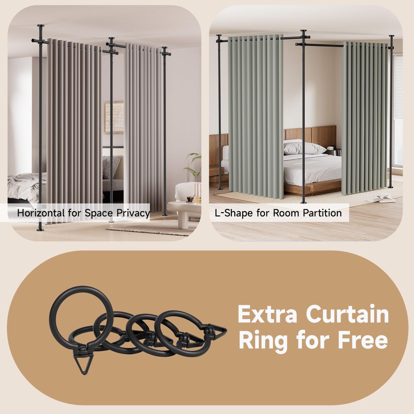 Room Divider for Room Separation (57-145in W), Curtain Rods No Drilling for Bedroom, Freestanding Room Divider Panel Tension Rod, Wall Divider Privacy Screen Partition for Space Separator, Drill Free