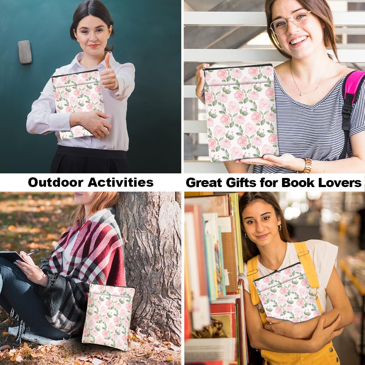 Watercolor Floral Pattern Book Lovers Gifts Waterproof Book Sleeve Book Pouch Book Protector with Zipper and Front Pocket BookCover Case for Women Girl Mom Wife Book Accessories Book Club Gifts