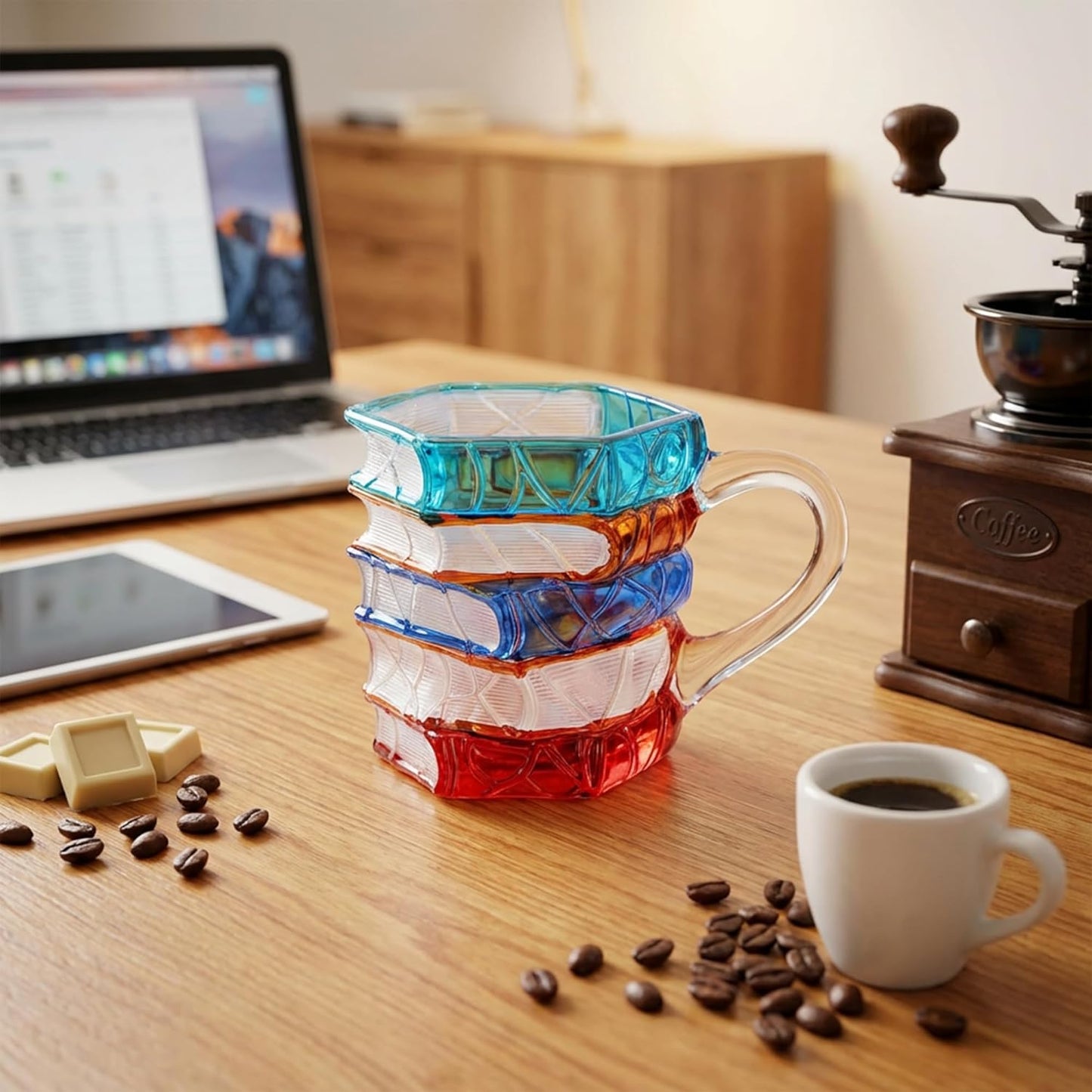 3D Book Mug, Painted Stained Glass Style Coffee Cup, 12oz Glass Library Mugs for Book Lovers, Novelty Reader Gifts with Gold Leaf Spoon, Chapter Cup for Library and Home Office