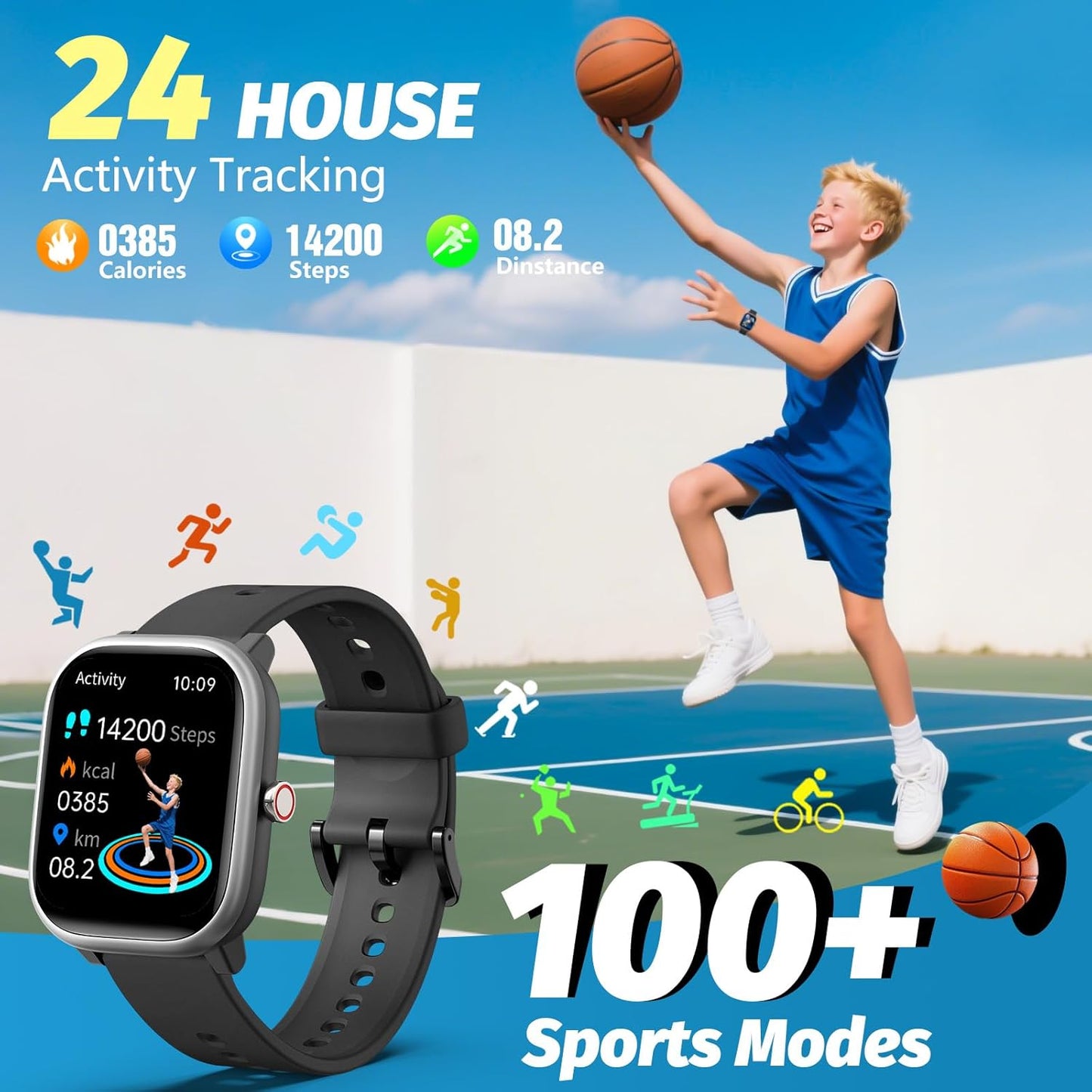 Kids Wach for Girls Boys 6-15 Year Old - Smart Watch for Kids 1.8" Fitness Tracker ,No Phone needed,Pedometer Sleep Monitor Heart Rate Waterproof,Puzzle Game for Girls Boys Teens Birthday Gift (Black)