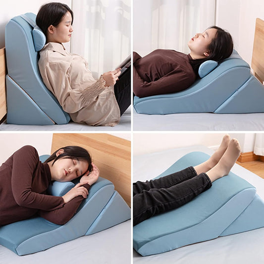 Triangle Memory Foam Pillow High-Density Leg Elevation Wedge Cushion Used for Relieves Leg Pain Knee Pain Washable Cover (Colour: Blue Size: 60 x 50 x 30 cm)