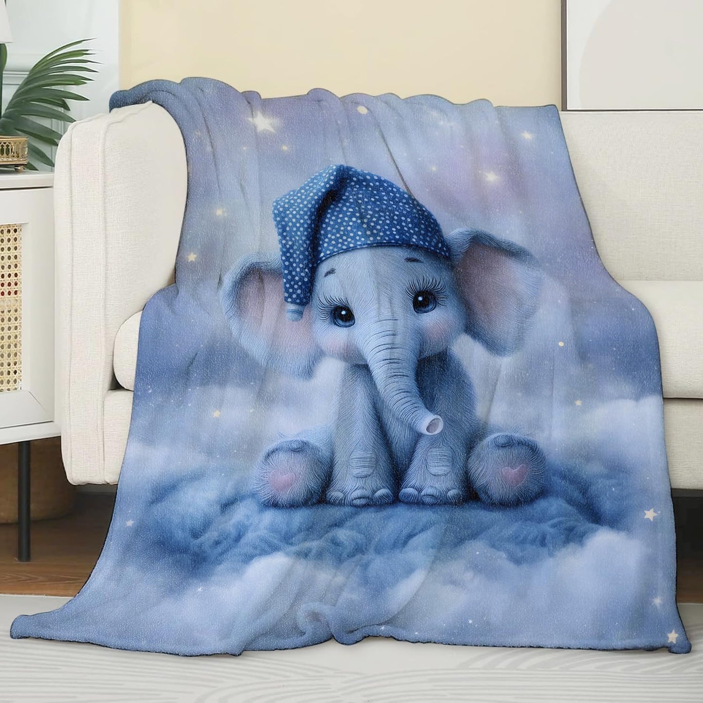 Cute Elephant Blanket 50x60 Inch Adorable Baby Animal with Starry Sky Throw Soft Cozy Flannel Blankets Practical Decorative Throws for Dorm Reading Nook Thoughtful Gifts for Kids Boys Girls