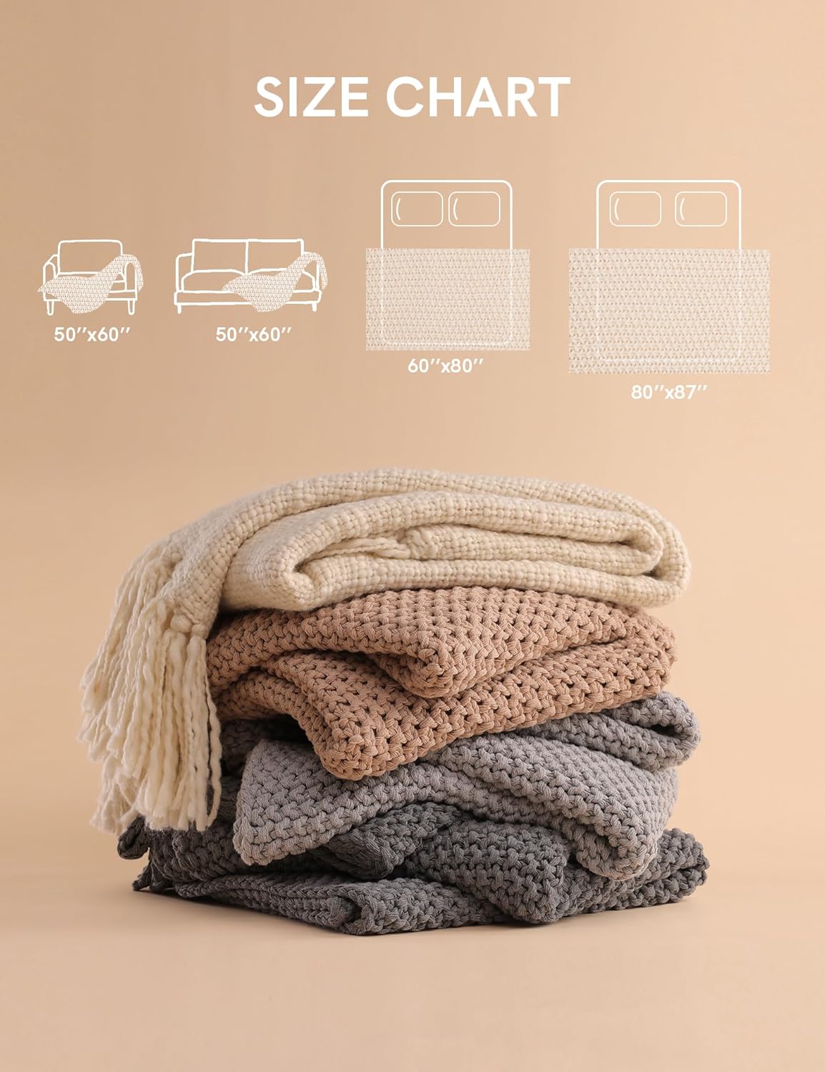 YnM Chunky Cotton Knit Throw Blanket, Cable Knit Throws for Bed Couch Sofa, Comfy & Relaxing, Decorative Piece for Farmhouse Modern Boho Rustic Scandinavian Chic Vibe, Moon Grey 50x60 Inches