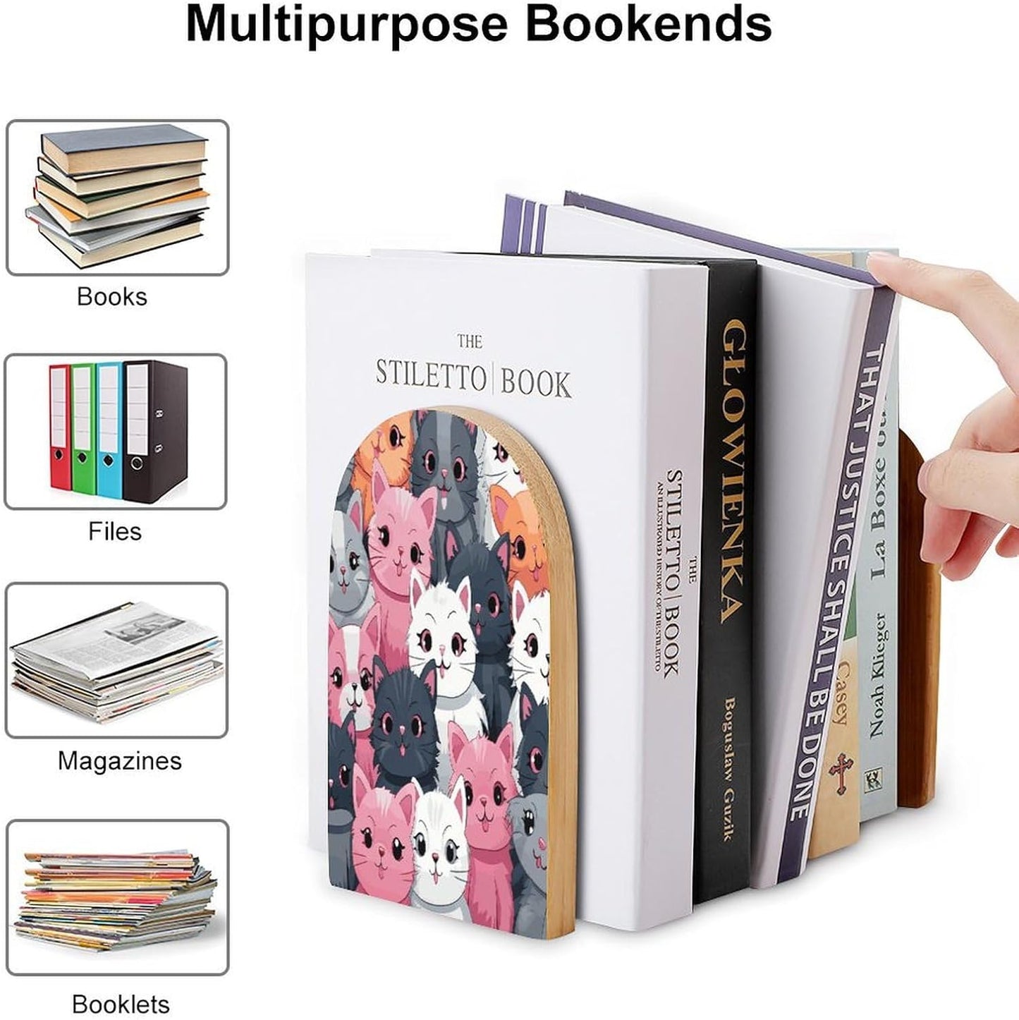 Non-Slip Bookend for Shelves Cute Kittens Wooden Bookends with Metal Base Decorative Book Stopper for Home Heavy Duty Wood Book Storage for Books/CDs
