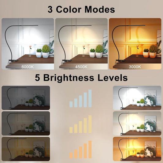 Desk Lamp with Remote, 3 Color & 5 Brightness & 77LED Dimmable Reading Lamp, 27.6'' Flexible Gooseneck Clamp Lamp, Eye-Caring Clip on Light with Adapter for Reading Study Workbench Drafting