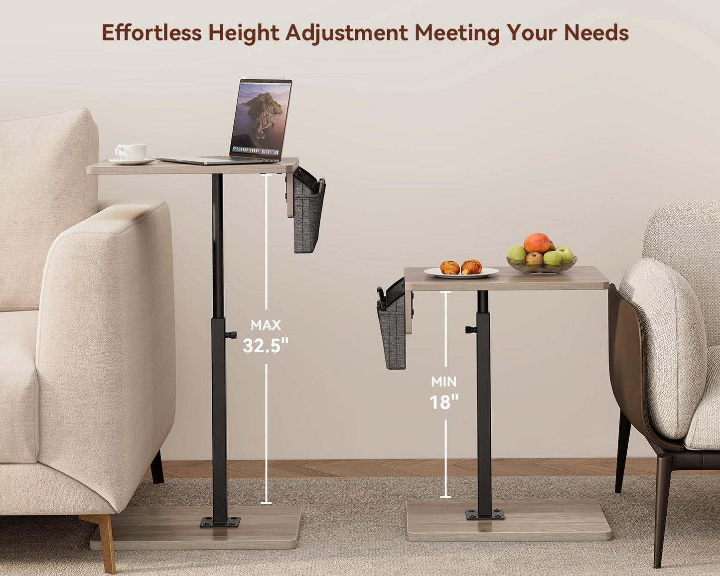 Vagusicc Sofa Armrest Tray Table for Couch, 360° Swivel Height Adjustable TV Tray Table for Small Spaces, Snack Side Table for Couch, Bed, Chair, C Shaped End Side Table for Eating, Reading, Laptop
