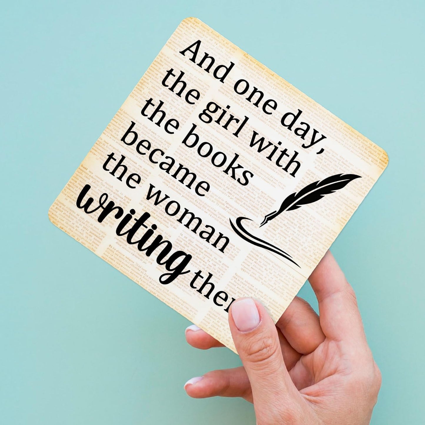 Writer Gifts Wooden Stand Sign 5x5 Inch, the Girl with the Books Became the Woman Writing Them Wood Plaque Sign for Writing Room Office Workshop Desk Table Shelf Counter Decorations