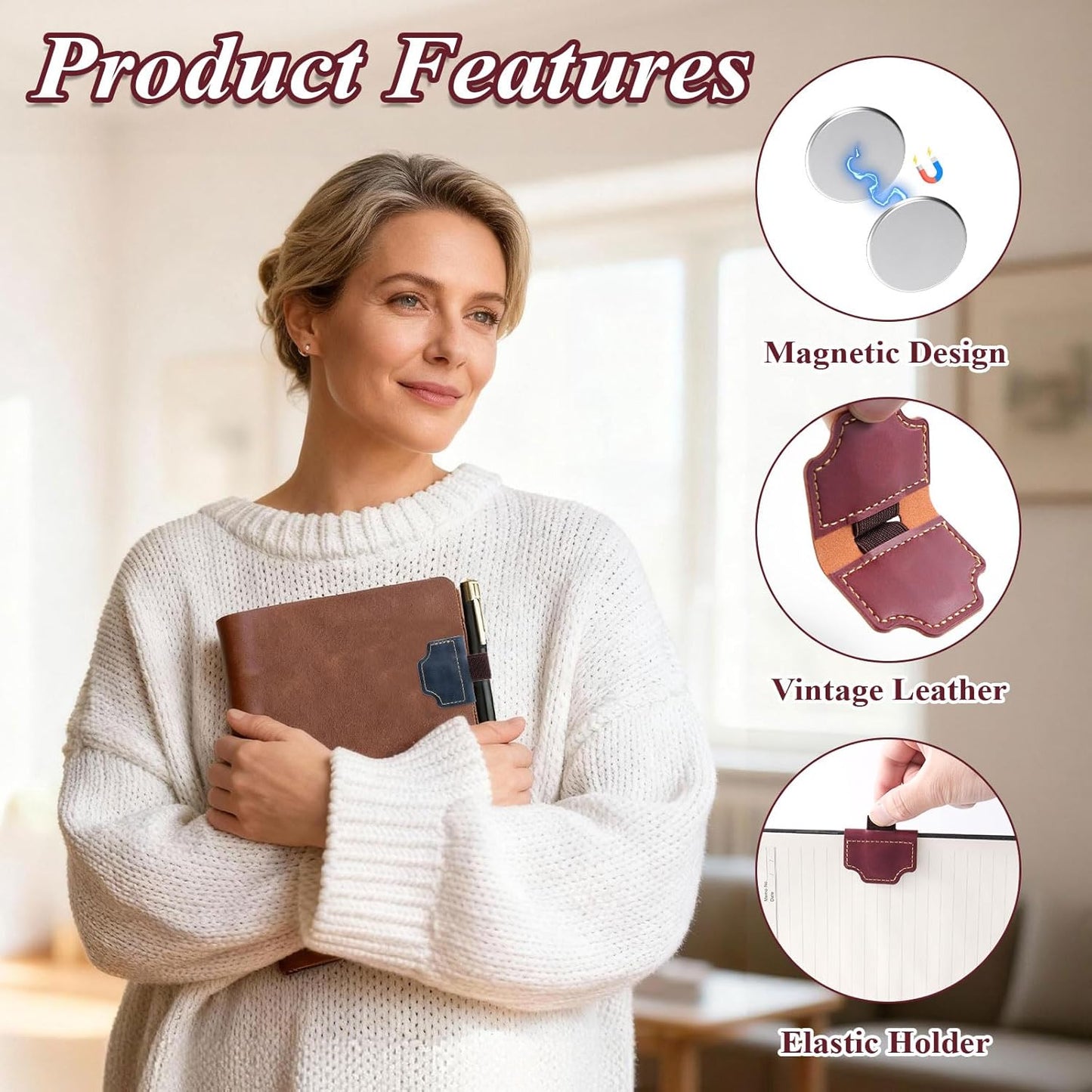 3 PCS Magnetic Pen Holders, Vintage Pen Holder for Notebook, Journal, Magnetic Pen Loop Holder Set for Readers, Book Lovers, PU Leather Book Mark Pencil Holder Clip for Women Men