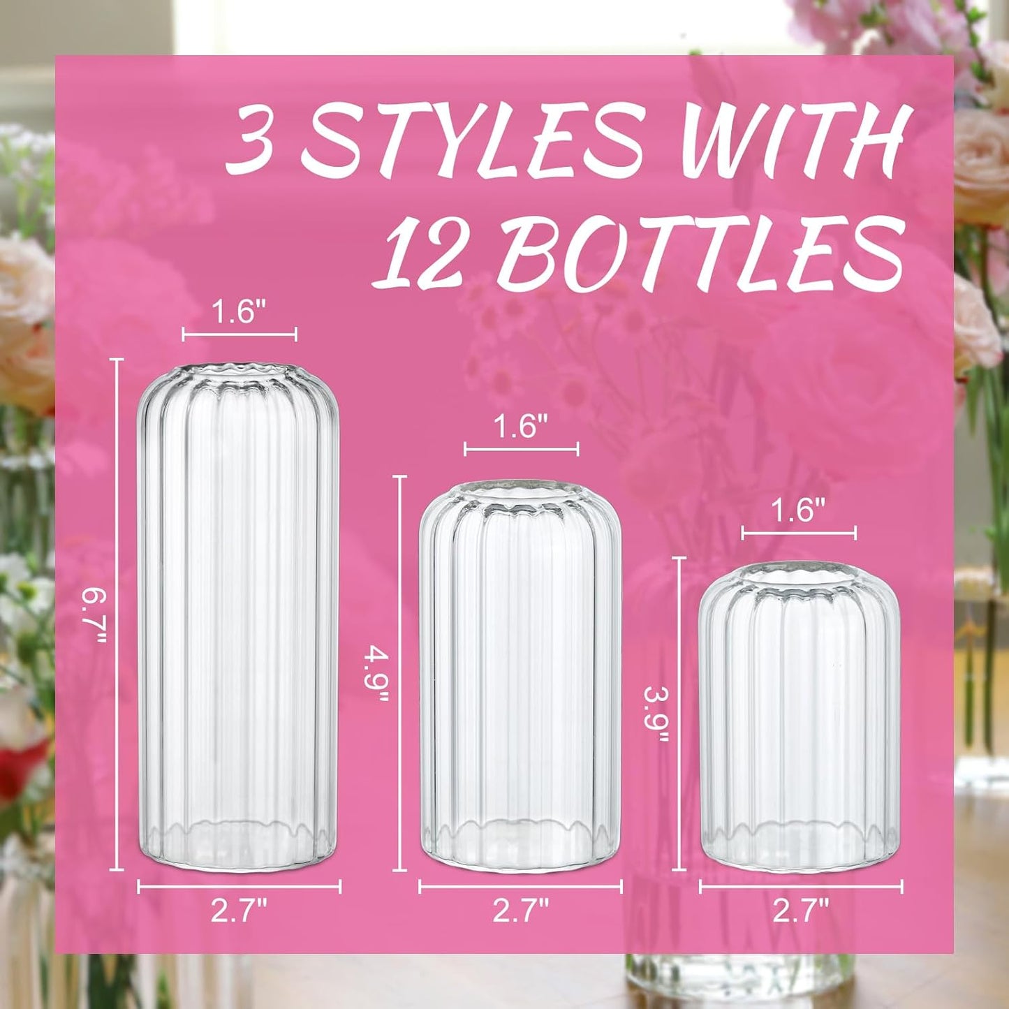 12PCS Bud Vases Set, Glass Vases for Flowers, Modern Cylinder Ribbed Vases for Wedding Centerpiece, Tall Clear Flower Vases in Bulk for Table Shelf, Party(Ribbed)