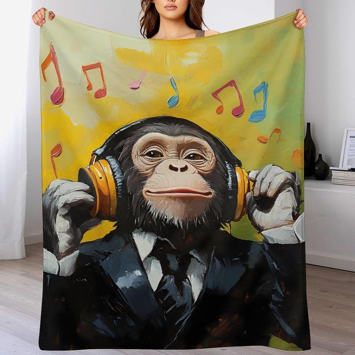 Monkey Music with Headphones Throw Blanket for Couch Bed Plush Cozy Fuzzy Flannel Blanket for All Season 40"x50"