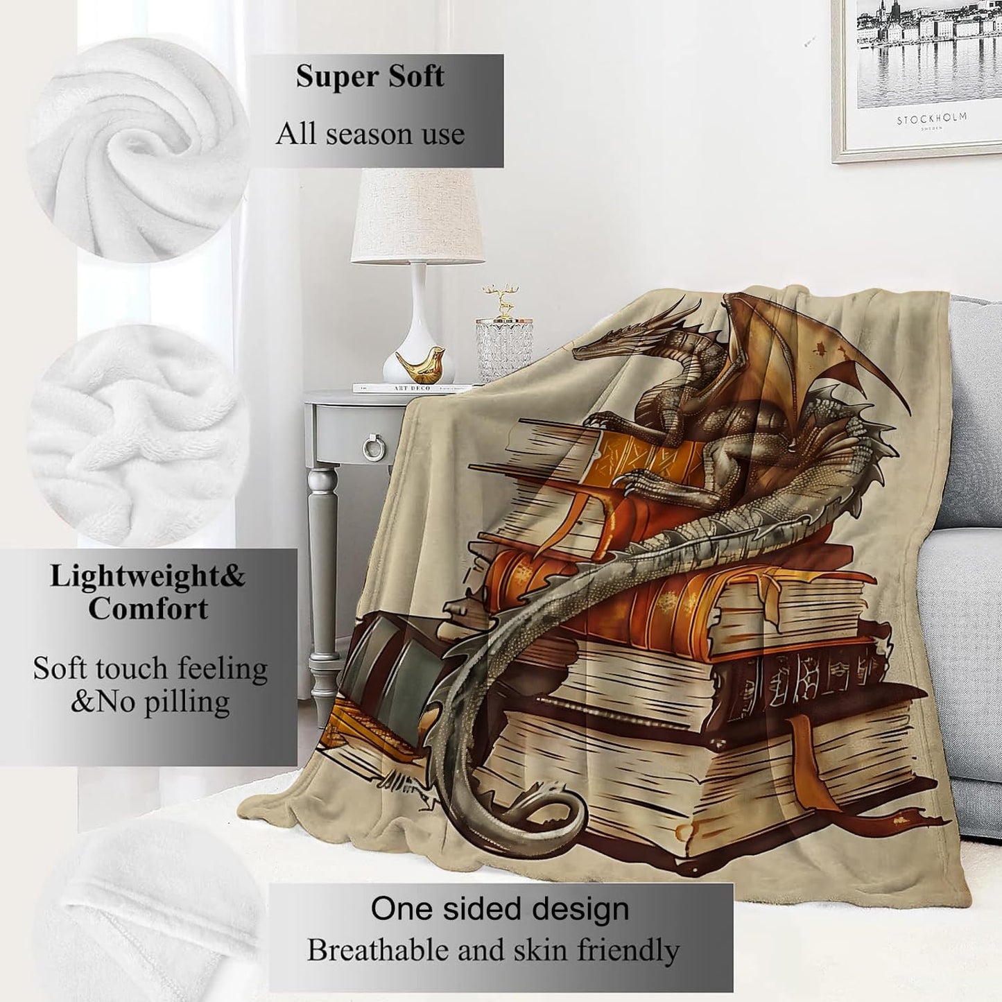 Dragon and Book Blanket Mystical Fantasy Throw Blankets with Ancient Books and Majestic Animal,Birthday Gifts for Kids Women,Lightweight Soft Fleece,for Sofa Couch Bed Room Decor 40x50in