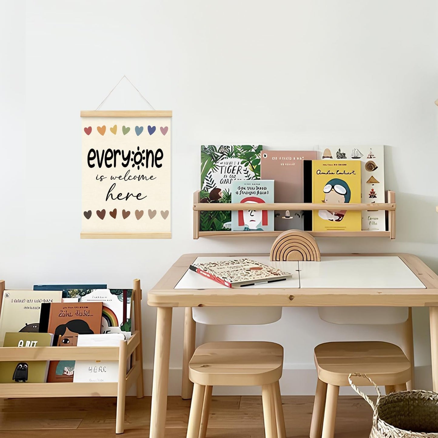 Mtrgdn Everyone is Welcome Classroom Decor,Everyone is Welcome Here Sign,Classroom Door Sign,Back to School Poster Hanger Frame Decor for Teacher Office Counselor Therapy,12x6 Inch