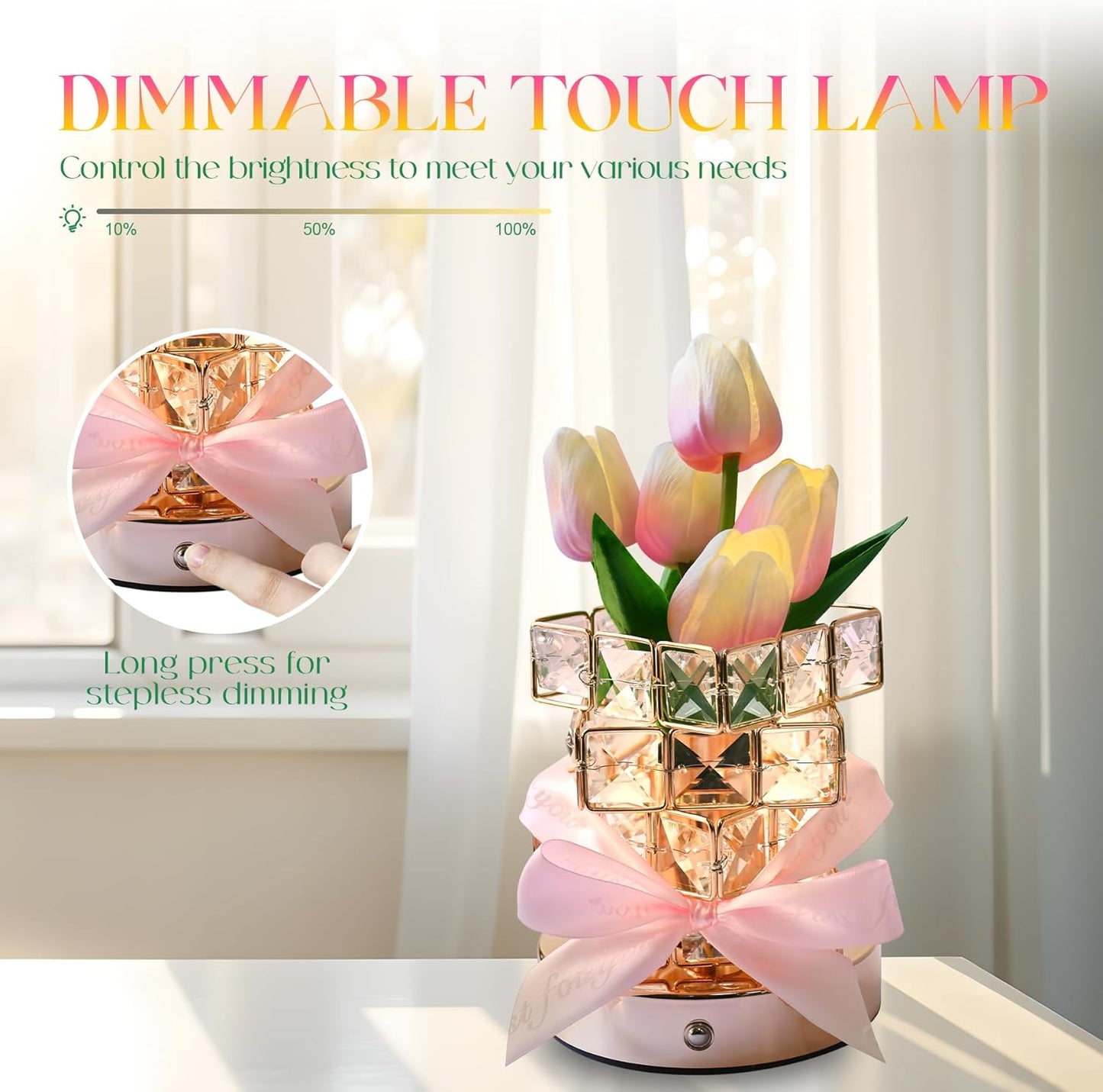 Tulips Lamp Gifts for Mom/Birthday Gifts for Women, Rechargeable Cordless Touch Table Lamp, 3 Color Colour Dimming Small Night Light-Gift for Mothers Day, Valentines Anniversary, Unique Home Decor