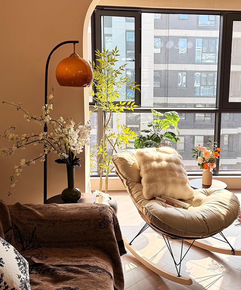 Arc Floor Lamp with Wooden Desktop Orange Glass Floor Light Height Adjustable Globe Glass Standing Lamp E26 Dimmable Tall Light for Living Room Bedroom Study Dining Room Reading Room