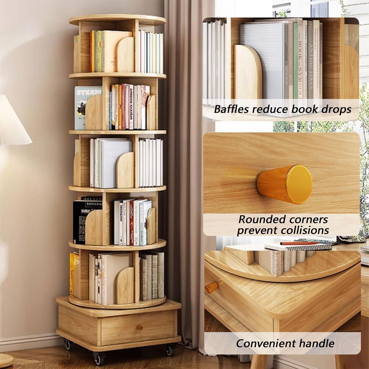 Rotating Bookshelf Tower - 5-Tier Rolling Wood & Metal Bookcase for Corner Spaces, Space-Saving Floor Design, Perfect for Living Room, Bedroom, Study, Home Office