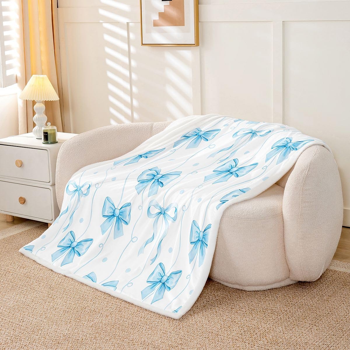 Feelyou Girls Bow Throw Blanket Blue Bowknot Soft Fleece Sherpa Cozy Fuzzy Plush Warm Bow Knot Accent Fuzzy Plush Throw Elegant Girly Design Baby 30"x40" Cute for Bed Couch Living Room