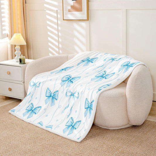 Feelyou Girls Bow Throw Blanket Blue Bowknot Soft Fleece Sherpa Cozy Fuzzy Plush Warm Bow Knot Accent Fuzzy Plush Throw Elegant Girly Design Baby 30"x40" Cute for Bed Couch Living Room