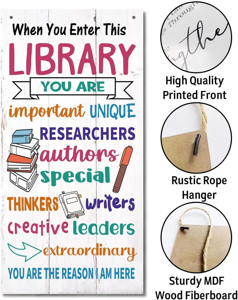 Library Signs Decor, Hanging Wood Sign Library Décor, Primitive Wood Wall Art Sign, Motivational Office Wall Sign, Wood Wall Décor, Rustic Library Wall Décor, Library Welcome Sign Door Sign