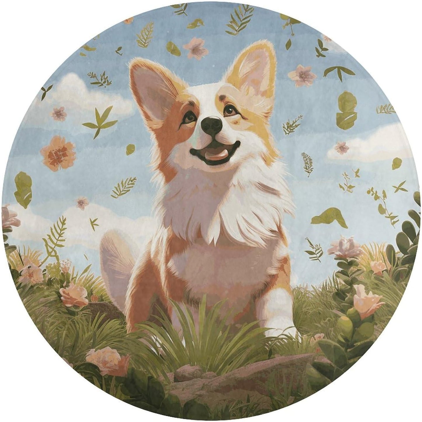 Lovely Corgi Circle Rug Retro Luxury Coral Velvet Floor Mat Non Slip Soft Indoor Floor Carpet Comfy Thickened Area Rugs Modern Aesthetic Minimalist Carpets for Home Decor