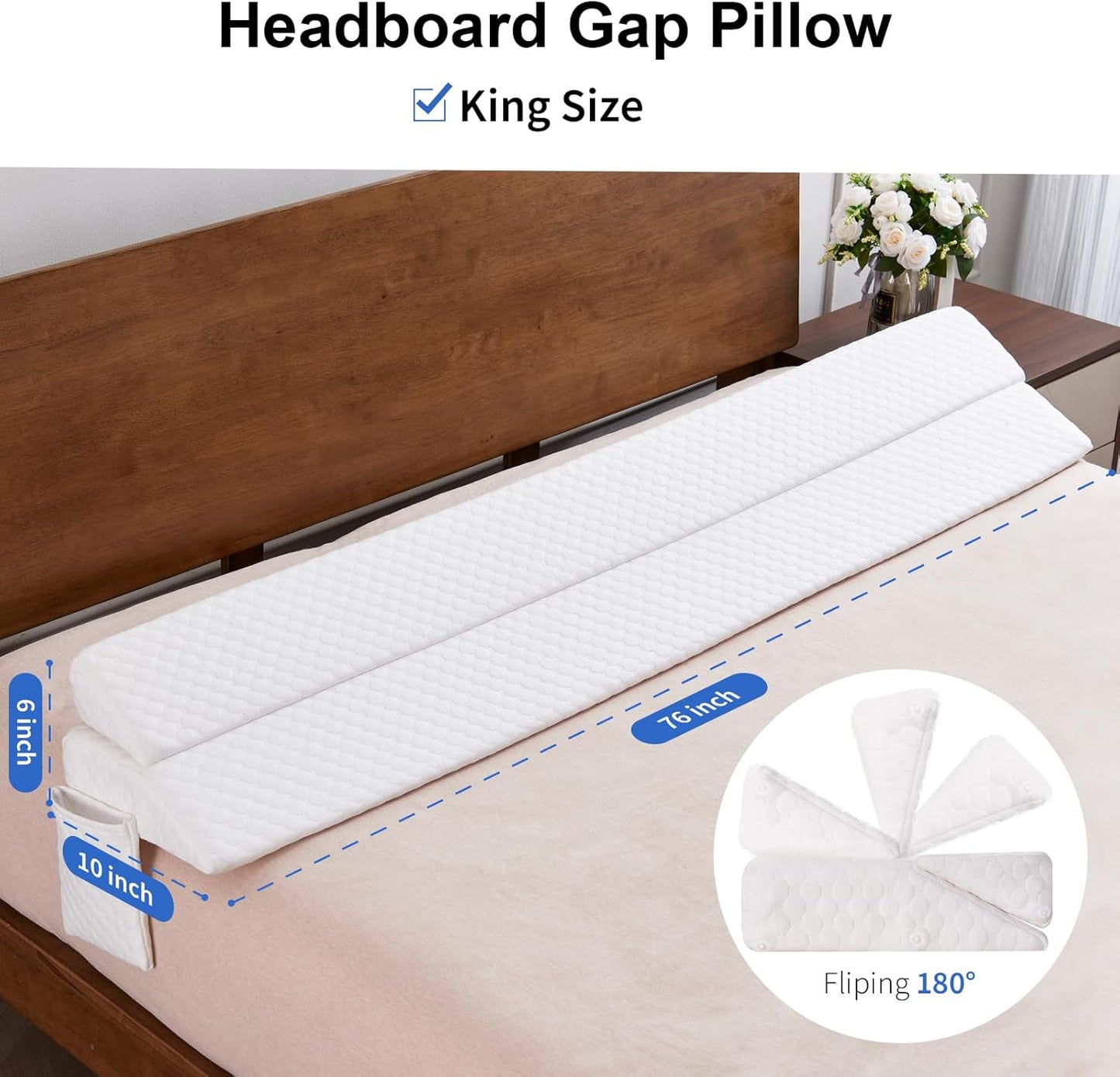 EUHAMS King Size Bed Wedge Pillow - Bed Gap Filler Mattress Wedge Headboard Pillow Close The Gap 0-7" Between Your Headboard and Mattress or Wall for Sleeping Backrest Pillow (White 76"x10"x6")