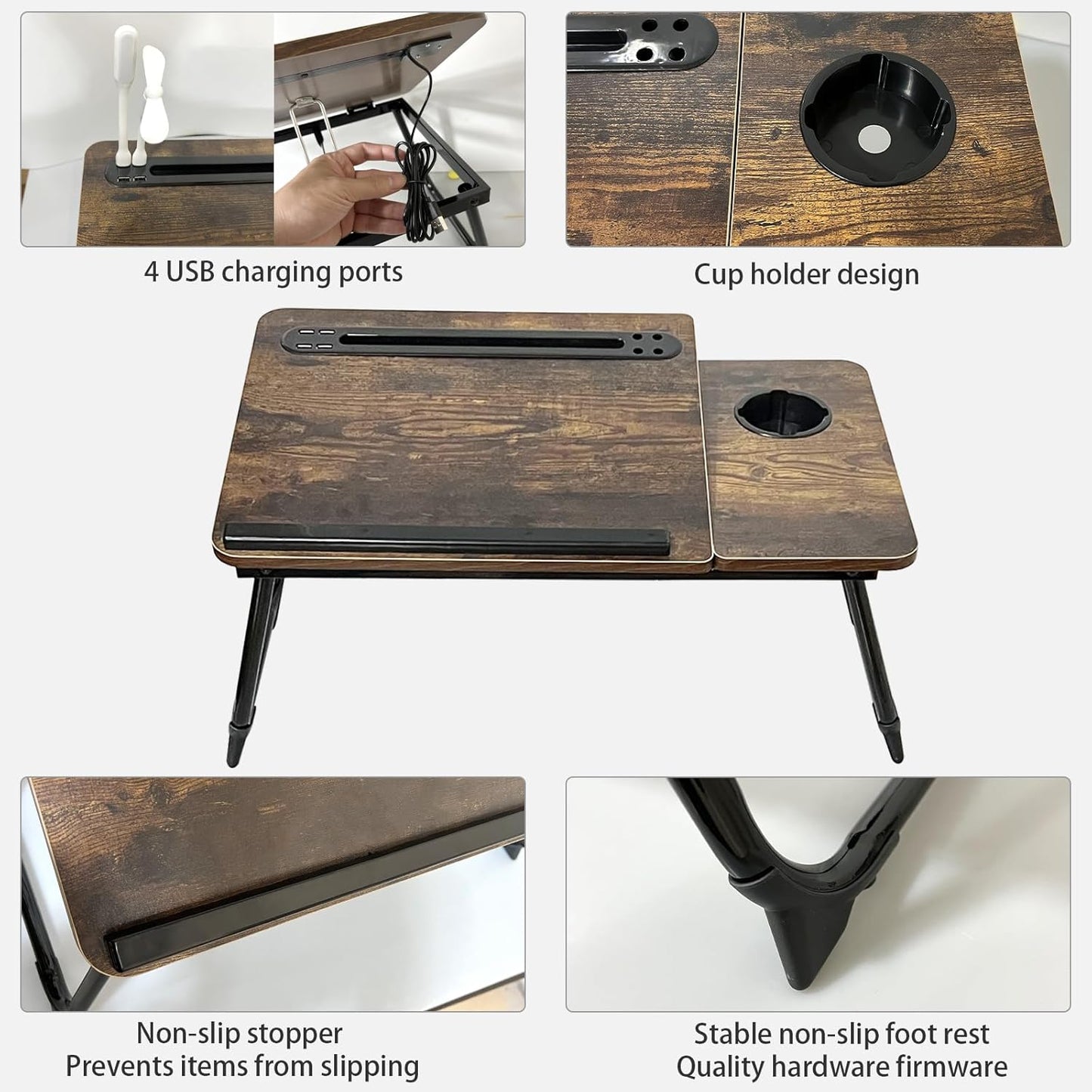 Laptop Desk for Bed, Laptops Bed Tray Desk with 5 Different Angles, Foldable Laptop Bed Table with USB Charge Port and Cup Holder for Writing Working (Rustic Brown)