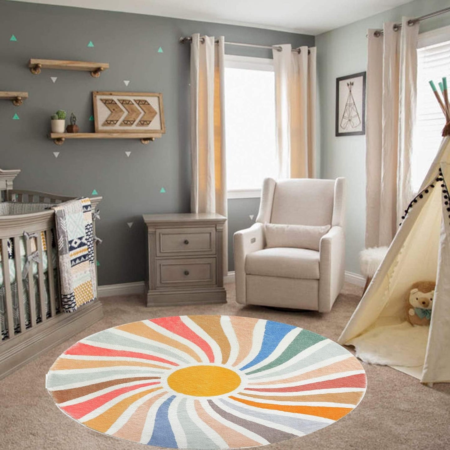 LIULA Sun Rainbow Round Rug,Colorful Boho Kids Rug Ultra Soft Washable Nursery Rug for Bedroom Perschool Classroom,4' Round