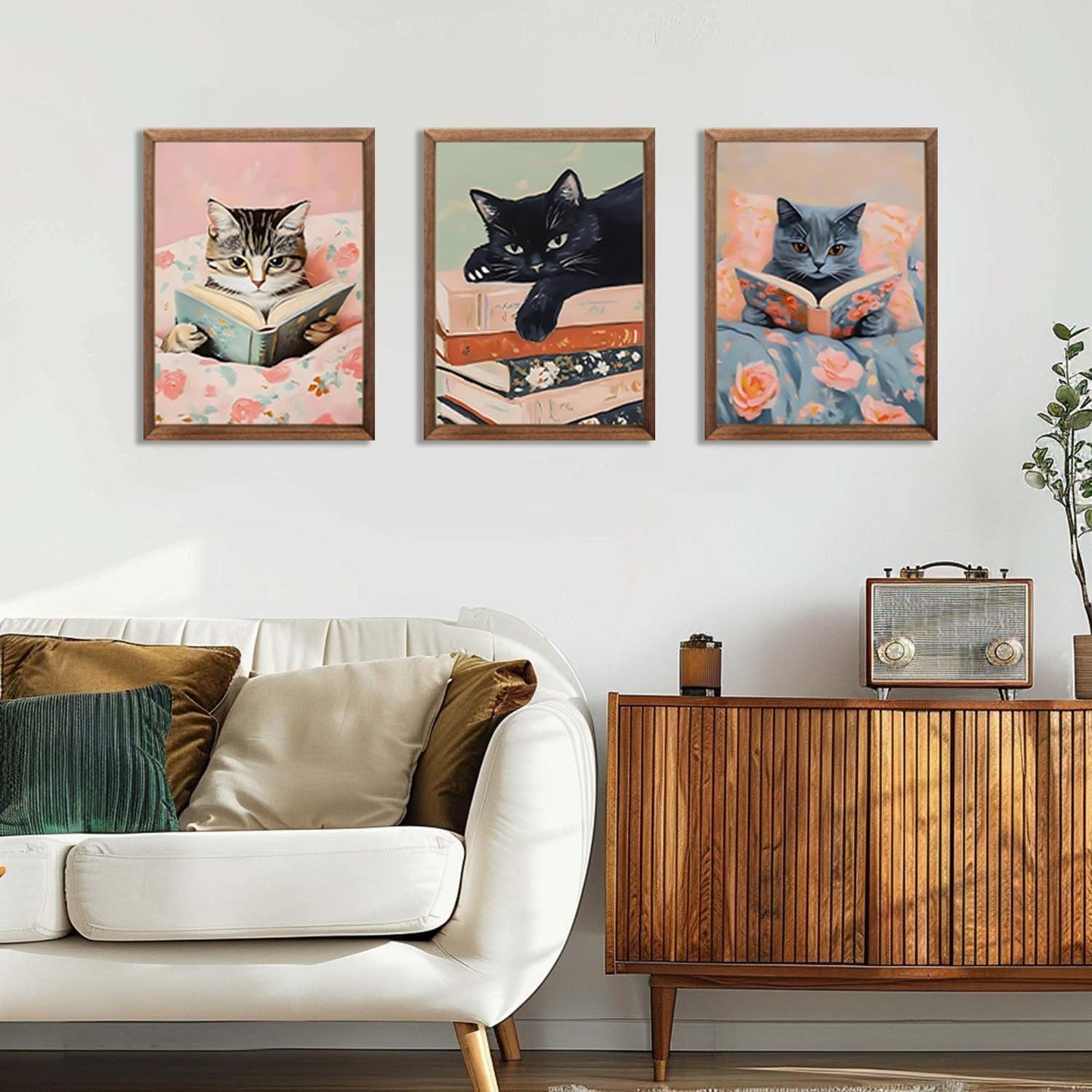 Chmylon Wall Art Set of 3,Cute Reading Cats Canvas Wall Decor, Funny Animal Book Art Prints, Pink Aesthetic Wall Artwork for Girls Room Bedroom Kids Room Living Room Bathroom Decor 12x16In Wood Framed