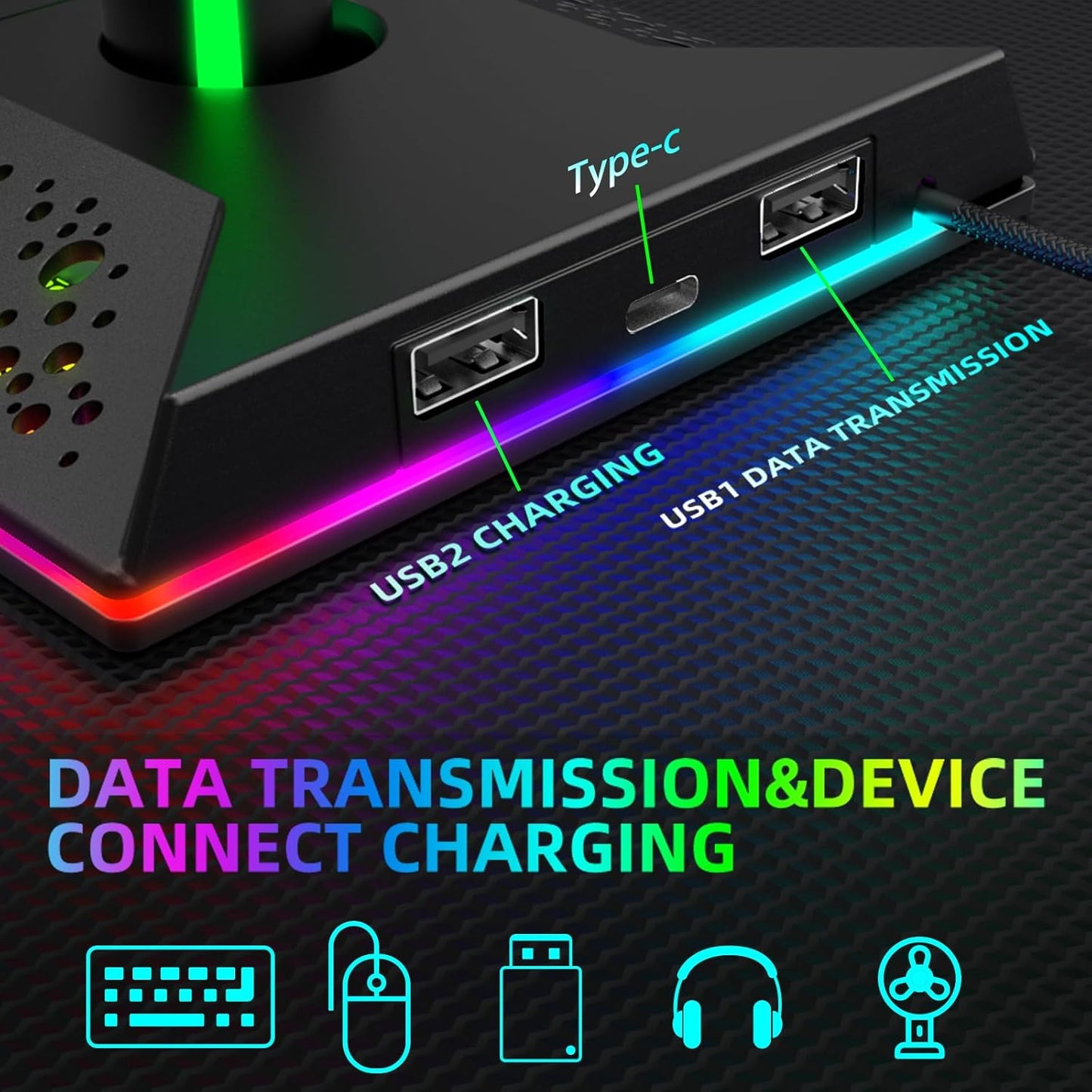 Gaming Headphone Stand PC Accessories - RGB Headset Stand with 2 USB and 1 Type-C Ports, LED Headphone Stand Gift for Boys Men, Computer Game Accessories for Desk