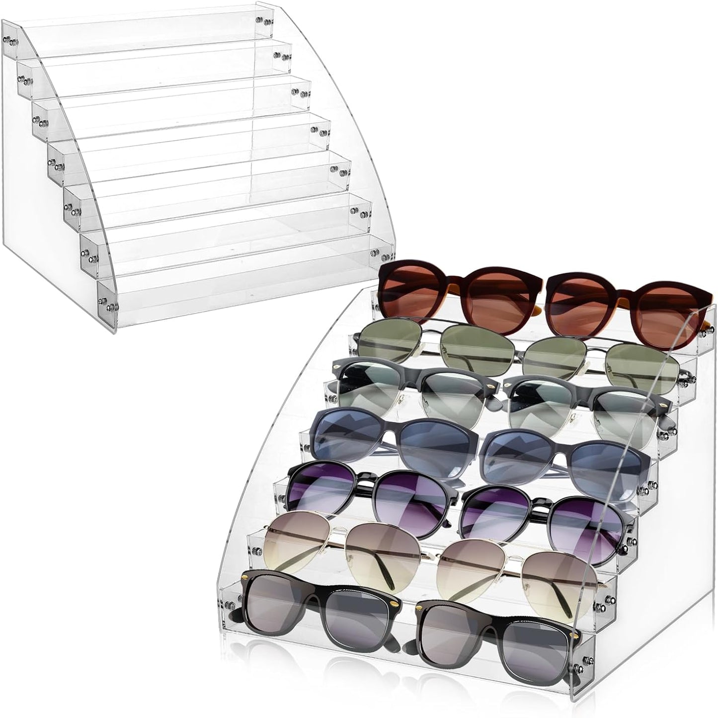 2 Pack 7 Tier Sunglass Organizer Stand, Versatile Acrylic Sunglass Holder Display Stand Sunglass Storage Tray for Highlighting Glasses Makeup Nail Polish Graded Cards