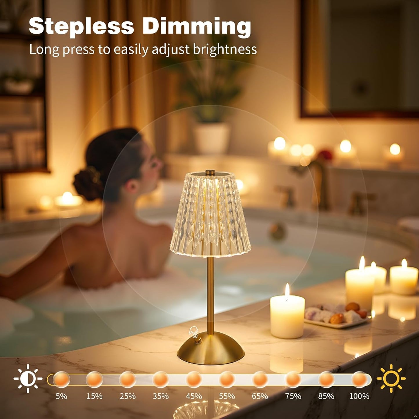 Cordless Table Lamp with Touch Control - 3000mAh Rechargeable, Small Crystal 3-Color Dimmable Ambient Light for Dining Table, Bedside, Kitchen, Entryway, Bathroom, Restaurant, Gifts