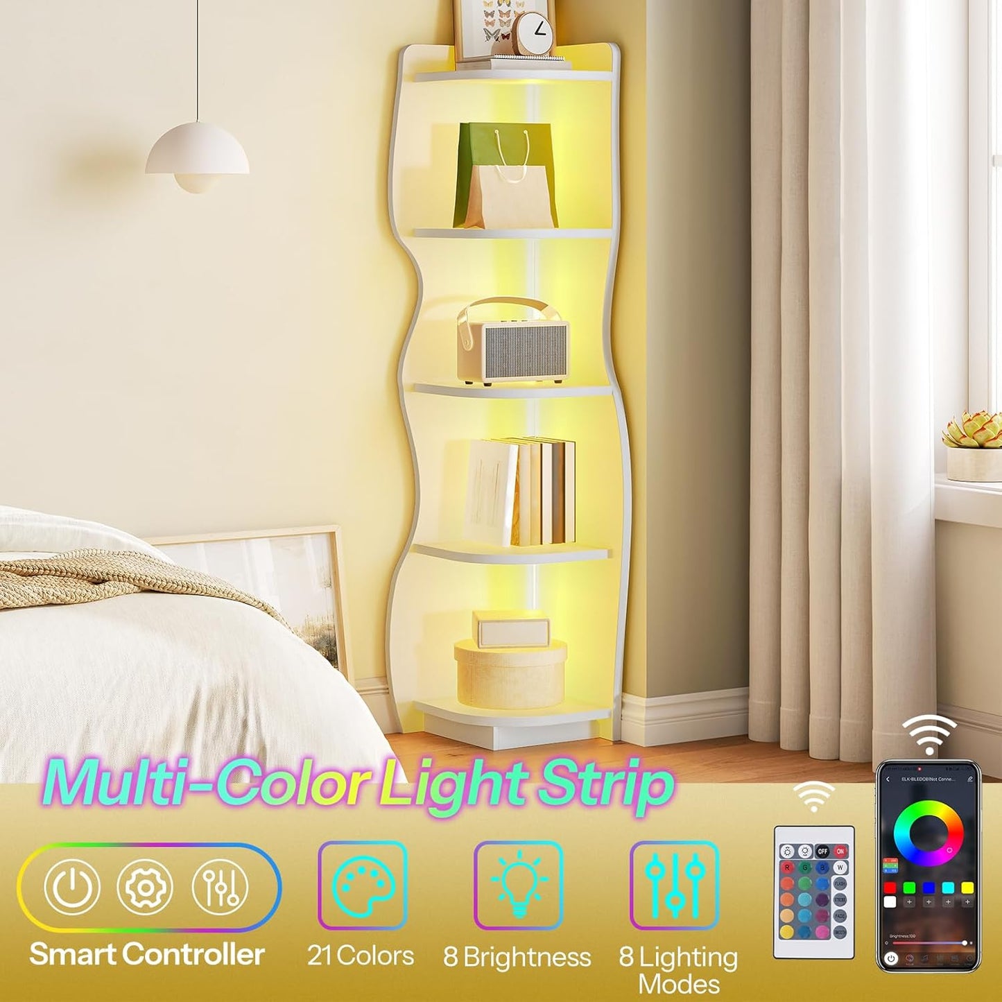 HOOBRO Corner Shelf with Light, 5-Tier Modern Corner Bookshelf, Stylish Display Bookcase，Wooden Open Book Shelf Storage Rack for Small Spaces, Living Room, Home Office, White WT67DCJ01