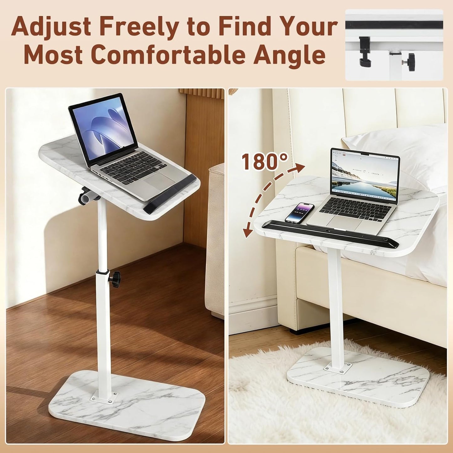 ShellKingdom Sofa Armrest Tray Table, C Shaped End Table for Small Spaces, Adjustable Height Small Side Table for Living Room, Bedroom, Home, Office (White Marble)