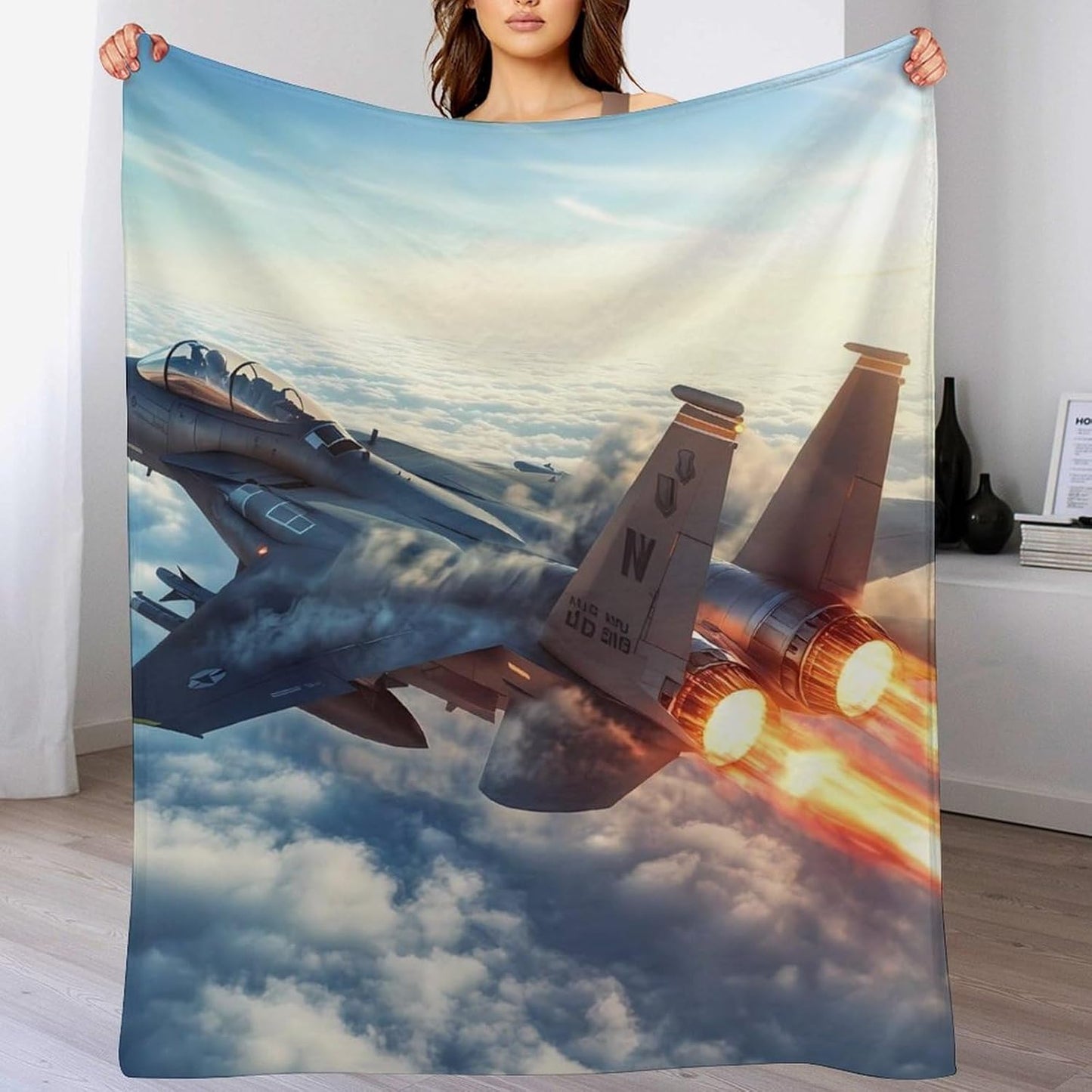 Military F-15 Ea-gles Fighter Jet Aircraft Throw Blanket for Couch Bed Plush Cozy Fuzzy Flannel Blanket for All Season 60"x80"