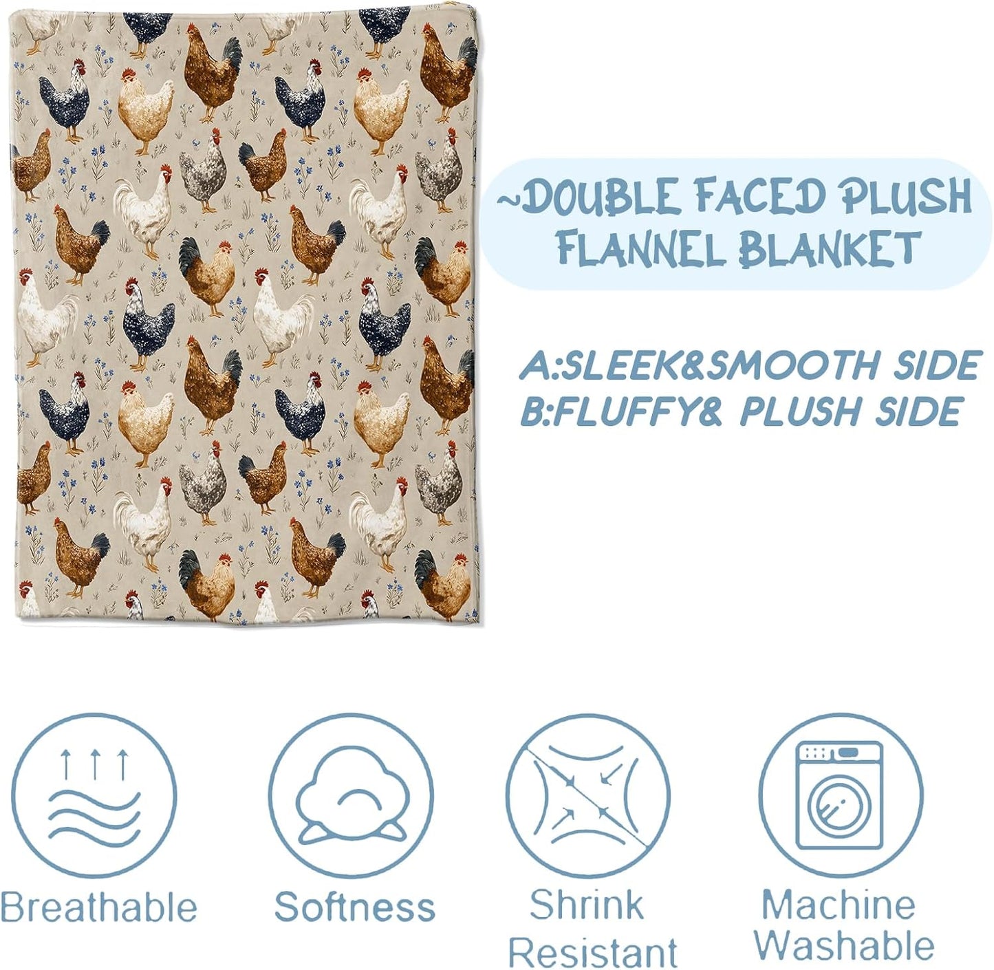 Chicken Fleece Blanket, Soft Throw with Farmhouse Rooster and Floral, Lightweight Cozy Blankets for All Seasons, Vintage Rustic Home Decor and Gifts for Adults and Animal Lovers, 50x60 Inch