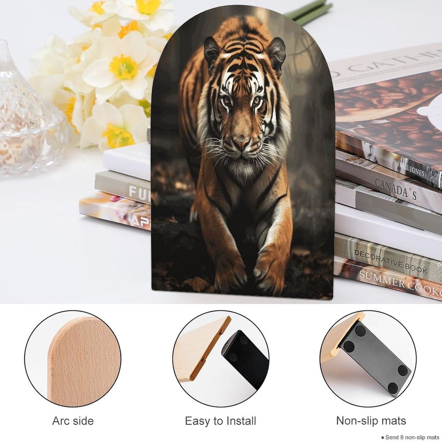Wild Animals Tiger Bookend for Shelves Wooden Book End Large Size Sturdy Book Holders Stoppers with Metal Base for Bookshelves Slick Decorative Bookends Stands