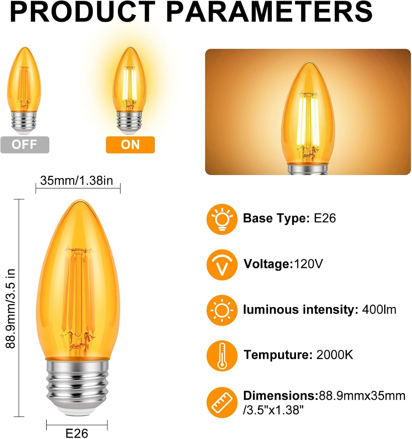 KINUR E26 B11 Small dim Amber LED Edison Light Bulbs,B11 Candelabra Bulb 2000K 4 watt-40 watt Light Bulbs Equivalent, Low watt Soft Warm Light Bulbs 4 Pack