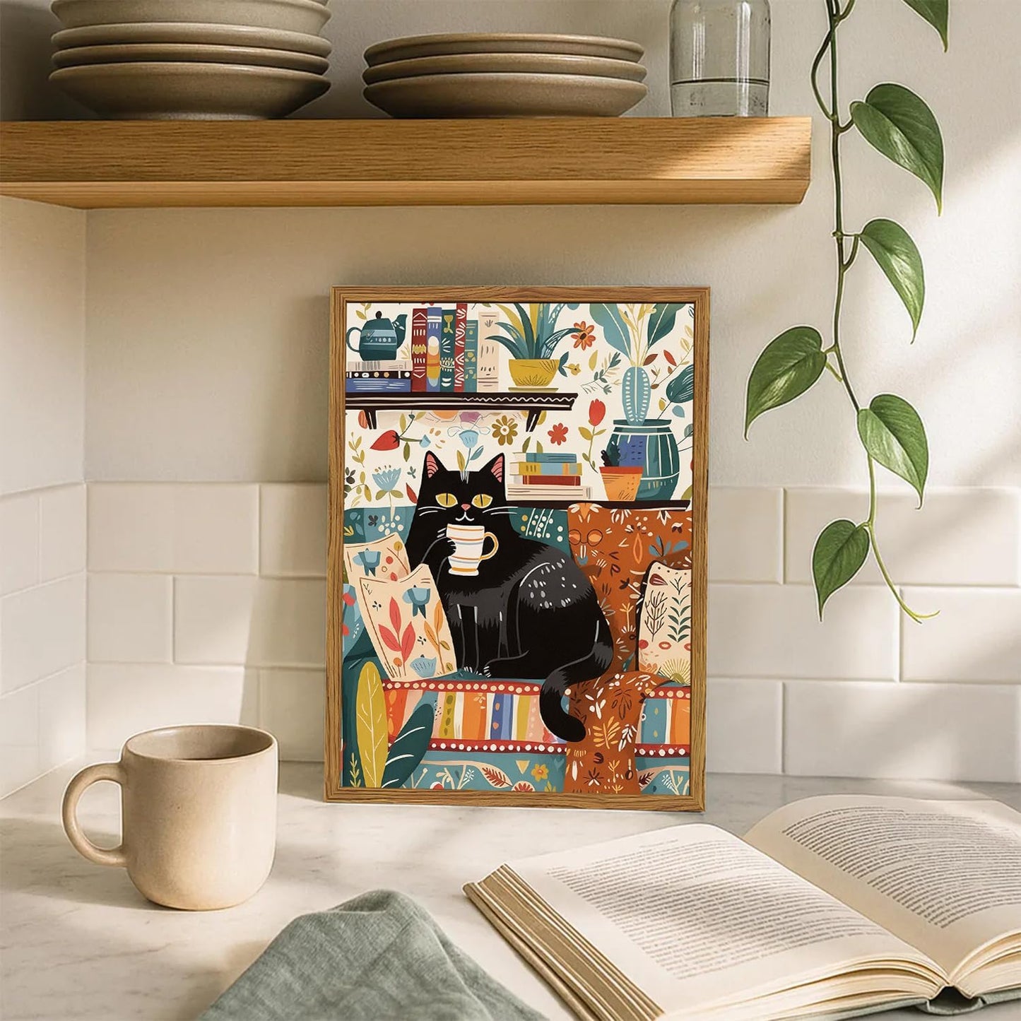 Framed Funny Black Cat Canvas Wall Art, Cute Cat Drinking Coffee on Sofa Pictures Wall Decor, Eclectic Animal Paintings Prints Boho Home Decor for Living Room Cafe Kitchen Bar 16x24 inch
